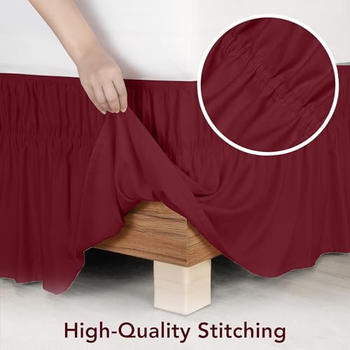 Wrap Around Queen Bed Skirt, Easy Fit Elastic Belt, 16 Inch Drop, Burgundy - Image 5