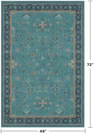 Teal 4x6 Rugs for Entryway Indoor - Vintage Non Slip Throw Rug for Large Kitchen, Bedroom, Boho Turquoise Modern Décor - Geometric Floral Design, Low Pile Stain Resistant Carpet - Image 2