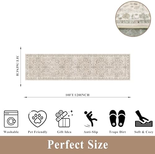 3x12 ft Long Kitchen Runner Rug - Non-Slip Washable Hallway Rug with Rubber Backing,Boho Floral Soft Low Pile Floor Carpet Runner for Entryway,Bedroom,Living Room（Beige,3x12） - Image 2