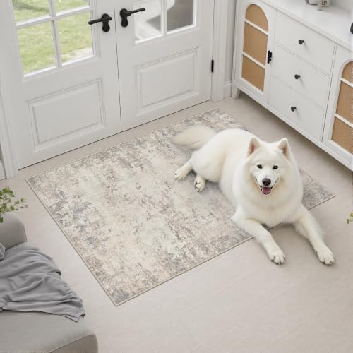 2x3 Washable Entryway Rug: Modern Abstract Soft Carpet Brown Beige - Image 4