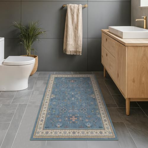 Washable Blue Rugs for Entryway Indoor - 3x5 Throw Rug for Large Kitchen, Bedroom Bedside, Laundry Room, Mudroom, Boho Eclectic Modern Décor, Non Slip Low Pile Fade Resistant - Image 3