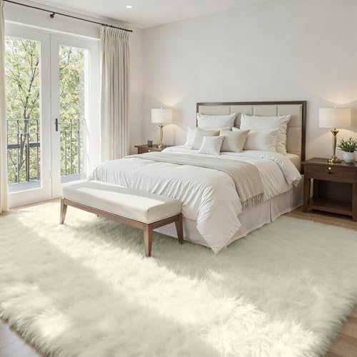 5x7 Fluffy Shag Area Rugs for Living Room Bedroom: Soft Carpet Cream White - Image 2