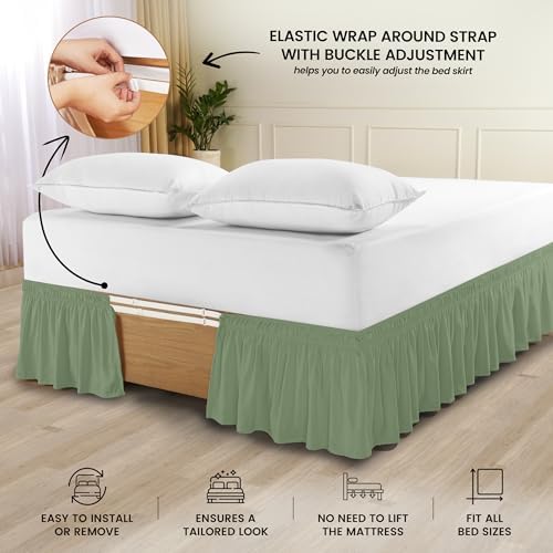 Wrap Around Queen Bed Skirt, Easy Fit Elastic Belt, 16 Inch Drop, Sage - Image 3