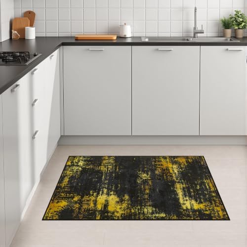 2x3 Washable Entryway Rug: Modern Abstract Soft Carpet Black Gold - Image 4
