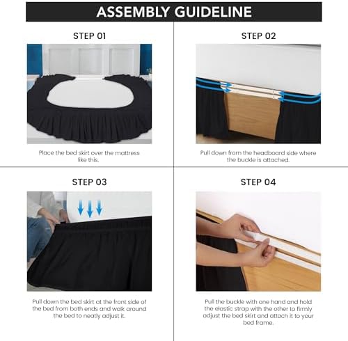 Wrap Around Twin Bed Skirt, Easy Fit Elastic Belt, 16 Inch Drop, Black - Image 4