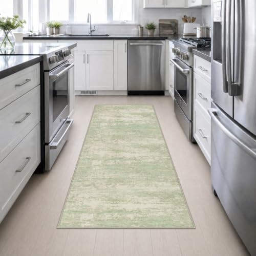3x8 Washable Runner Rug：Modern Abstract Soft Carpet Green Cream - Image 5