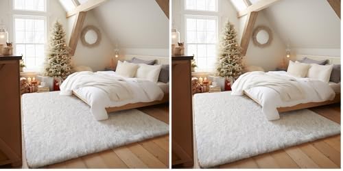 Ophanie Upgrade White Rugs for Bedroom, 4x6 Feet, Shaggy Soft Area Rug, Non-Slip Indoor Floor Carpet for Living Room, Kids Baby Girls Teen Dorm Home Decor Aesthetic, Nursery. (Pack of 2) by Ophanie