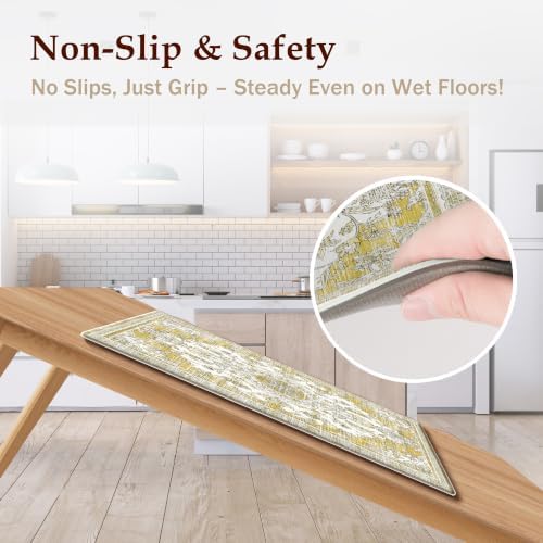 Boho Kitchen Mats for Floor 2PC Anti Fatigue Kitchen Rugs, Yellow - Image 4