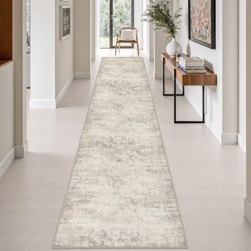 2.6x14 Washable Runner Rug:Modern Abstract Soft Carpet Brown Beige by FXRHLP