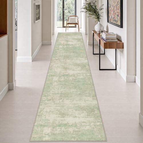 2.6x14 Washable Runner Rug:Modern Abstract Soft Carpet Green Cream by FXRHLP