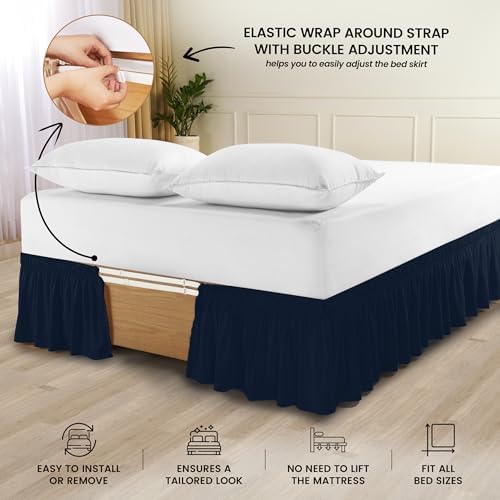 Wrap Around Queen Bed Skirt, Easy Fit Elastic Belt, 16 Inch Drop, Navy - Image 4