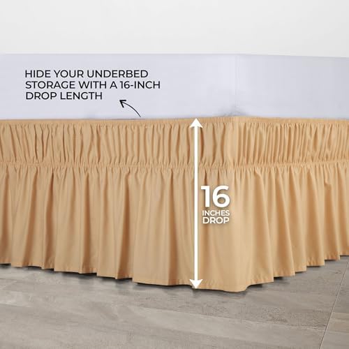 Wrap Around Queen Bed Skirt, Easy Fit Elastic Belt, 16 Inch Drop, Beige - Image 6