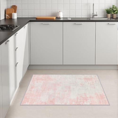 2x3 Washable Entryway Rug: Modern Abstract Soft Carpet Pink White - Image 4