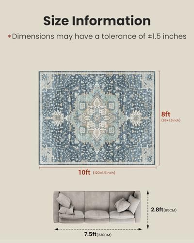 Amada 8x10 Washable Area Rug for Living Room, Blue/Yellow, Vintage Pattern - Image 2