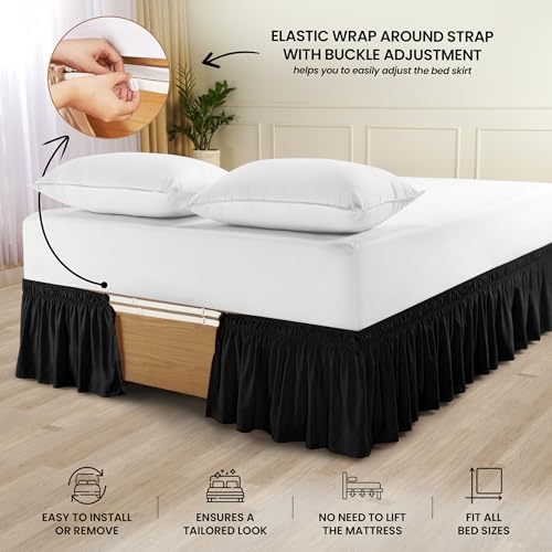 Wrap Around Queen Bed Skirt, Easy Fit Elastic Belt, 16 Inch Drop, Black - Image 4