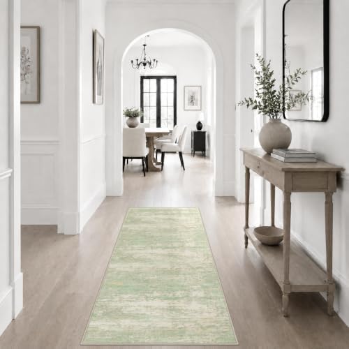 2x5 Washable Runner Rug：Modern Abstract Soft Carpet Green Cream - Image 5