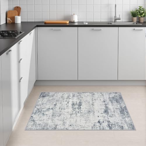 2x3 Washable Entryway Rug: Modern Abstract Soft Carpet Blue Grey - Image 4
