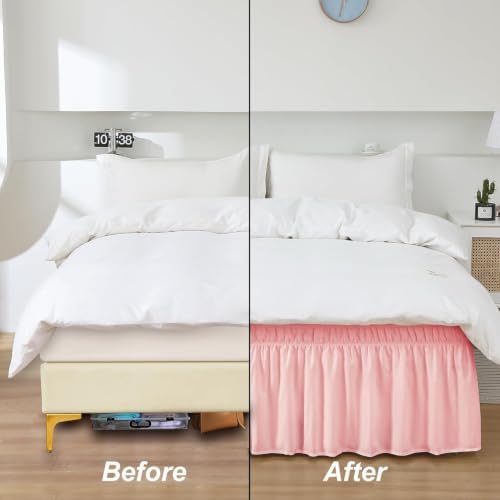 MEILA Wrap Around Bed Skirt Three Fabric Sides Elastic Dust Ruffled 12 Inch Tailored Drop,Easy to Install Fade Resistant-Pink, Queen/King - Image 7