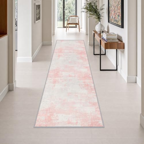 2.6x10 Washable Runner Rug:Modern Abstract Soft Carpet Pink White by FXRHLP