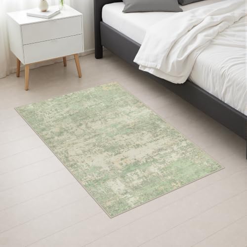 2x3 Washable Entryway Rug: Modern Abstract Soft Carpet Green Cream - Image 5