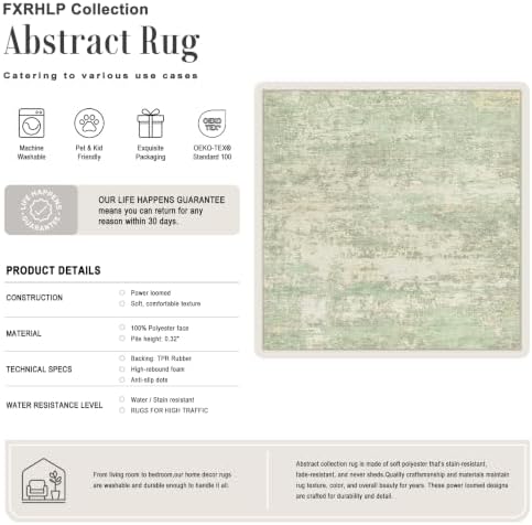 Area Rug Living Room: 4x4 Modern Washable Soft Carpet Green Cream - Image 2