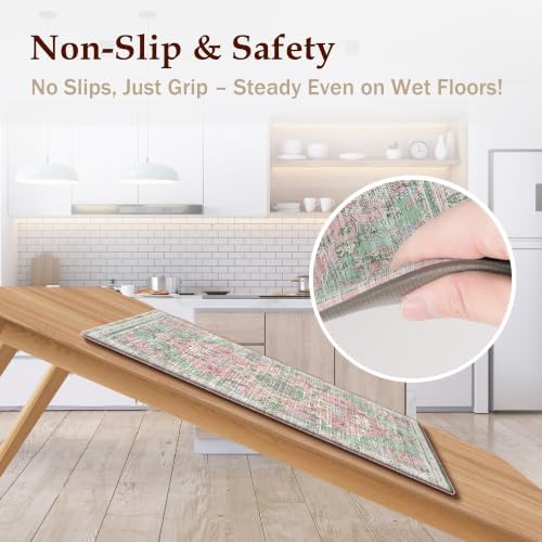 Boho Kitchen Mats for Floor 2PC Anti Fatigue Kitchen Rugs, Green Pink - Image 4