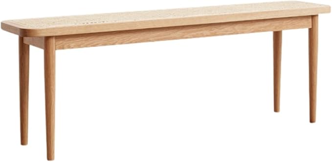 47.2'' Natural Rattan Dining Bench with 100% Solid Oak Wood Bench Frame, Bed End Shoe Ottoman for Kitchen Bedroom Entryway, Natural Oak
