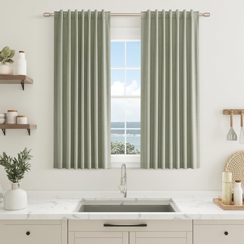 Guken 100% Blackout Sage Green Linen Curtains 45 Inch Long 2 Panels by Guken