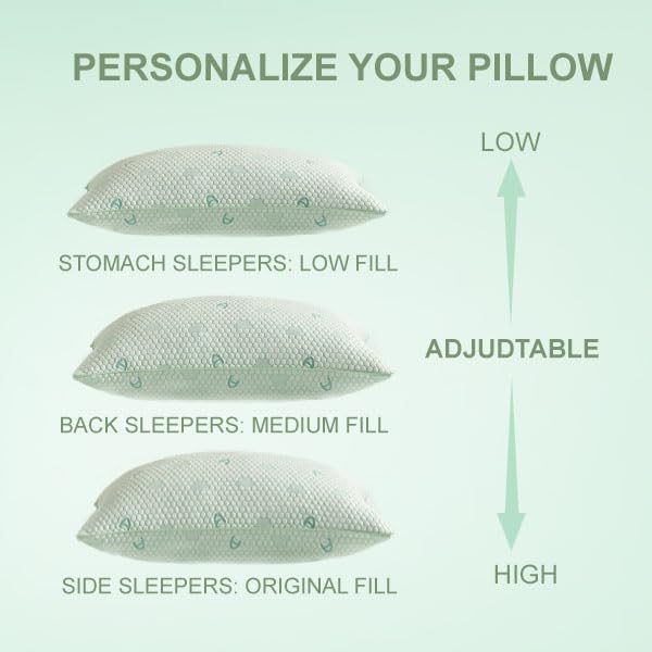 ACCURATEX Cooling Memory Foam Pillows for Sleeping Standard Size Set of 2, Adjustable Fluffy Pillows with Removable Cover, Cool Bed Pillow for Side Back Stomach Sleepers, Machine Washable, Green