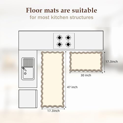 Arenarug Scalloped Kitchen Mats for Floor, Khaki Kitchen Rugs Set of 2 - Image 2