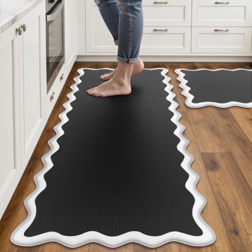 Arenarug Scalloped Kitchen Mats for Floor, Black White Kitchen Rug Set of 2 by ArenaRug