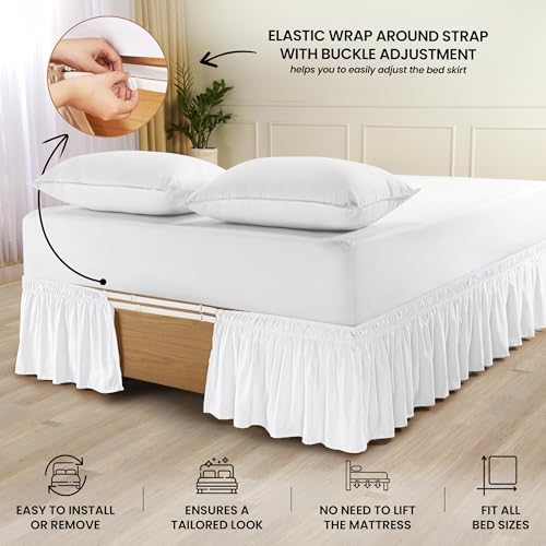 Wrap Around Queen Bed Skirt, Easy Fit Elastic Belt, 16 Inch Drop, White - Image 3
