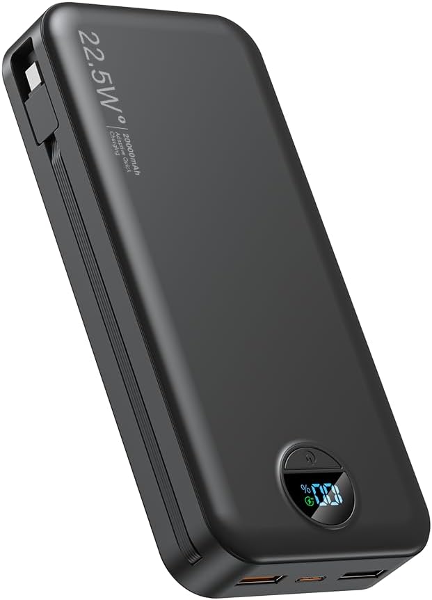 Portable Charger, 20000mAh 22.5W Fast Charging Power Bank with Built-in Cables & Wall Plug, USB C External Battery Pack with LED Display, Travel Essentials Phone Charger for iPhone iPad Samsung Black