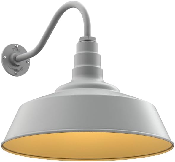Steel Lighting Co. Large Outdoor Barn Light | Gooseneck Light Fixture | Made in America from 18-Gauge Steel | 20" Dome | 16" Gooseneck Modern Gray Exterior/Brass Interior