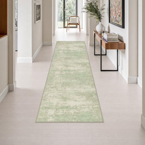 2.6x8 Washable Runner Rug：Modern Abstract Soft Carpet Green Cream by FXRHLP