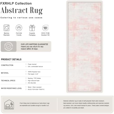 2.6x10 Washable Runner Rug:Modern Abstract Soft Carpet Pink White - Image 2