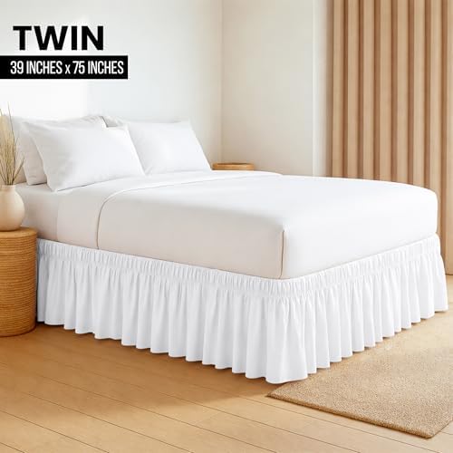 Wrap Around Twin Bed Skirt, Easy Fit Elastic Belt, 16 Inch Drop, White - Image 2