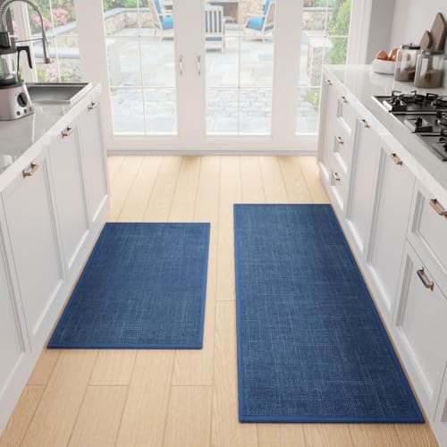 Kitchen Mats Set of 2 PCS for Floor, Washable Non Slip Rugs, Dark Blue by SUMLANS