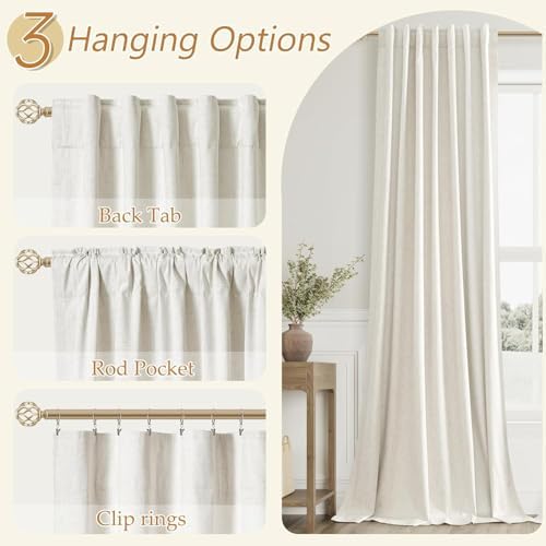 Guken Extra Long 100% Blackout Linen Curtains 124 Inches for Bedroom Cream - Image 6