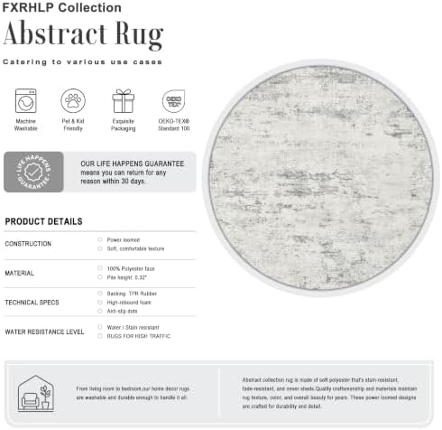 Round Area Rug Living Room: 8 ft Modern Washable Carpet Gray - Image 2