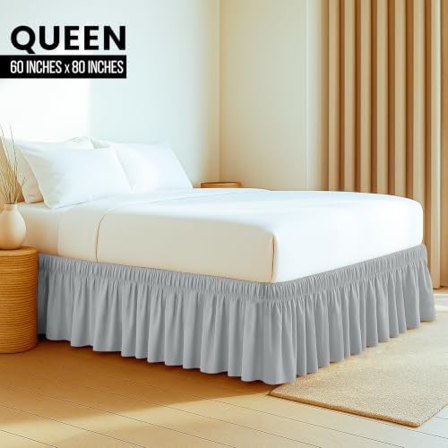 Wrap Around Queen Bed Skirt, Easy Fit Elastic Belt, 16Inch Drop, Light Grey - Image 2