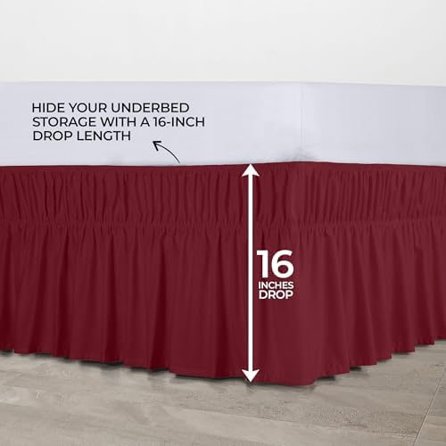 Wrap Around Full Bed Skirt, Easy Fit Elastic Belt, 16 Inch Drop, Burgundy - Image 5