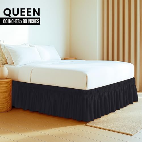 Wrap Around Queen Bed Skirt, Easy Fit Elastic Belt, 16 Inch Drop, Black - Image 3