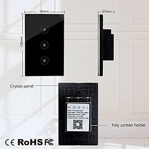 WiFi Smart Wall Touch Light Switch Glass Panel Wireless Remote Control by Mobile APP Anywhere Compatible with Alexa,Timing Function No Hub Required (Wall Switch 3 Gang)