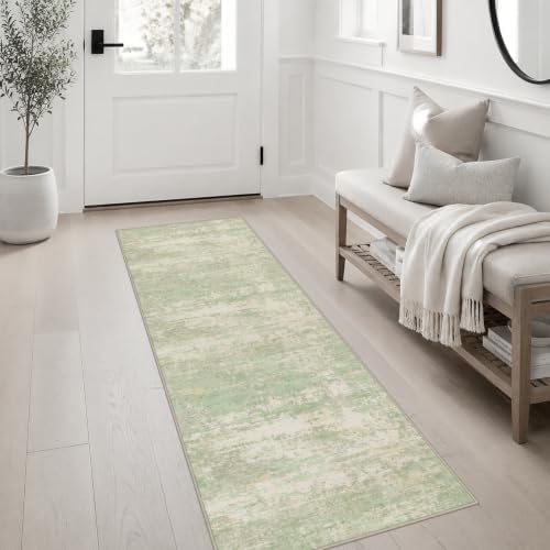 2x6 Washable Runner Rug：Modern Abstract Soft Carpet Green Cream - Image 4