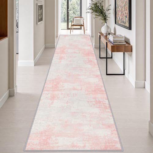 3x14 Washable Runner Rug：Modern Abstract Soft Carpet Pink White by FXRHLP