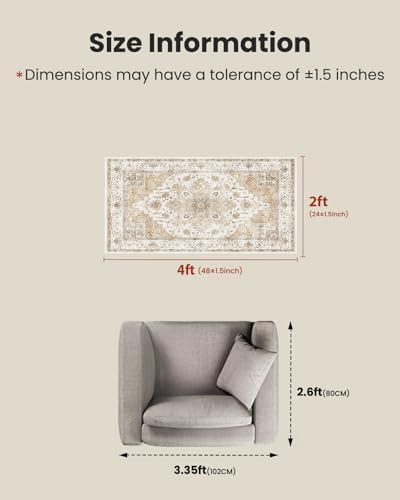 Amada Small 2x4 Washable Area Rug for Entryway, Beige, Vintage Pattern - Image 2