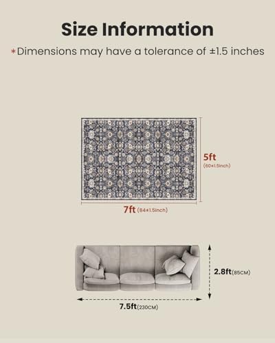 Amada 5x7 Washable Area Rug for Living Room, Blue/Brown, Vintage Pattern - Image 2