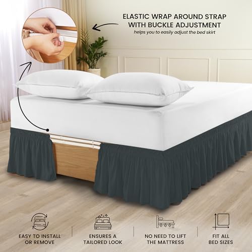 Wrap Around Full Bed Skirt, Easy Fit Elastic Belt, 16 Inch Drop, Grey - Image 3