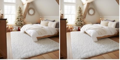 Ophanie Machine Washable 3 x 5 Feet White Rugs for Bedroom Fluffy, Shaggy Bedside Floor Dorm Area Rug, Soft Fuzzy Non-Slip Indoor Room Carpet for Kids Boys Girls Teen Home Decor Aesthetic, Nursery by Ophanie